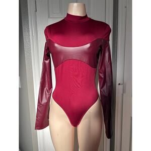 MICAS Burgundy Mock Neck Bodysuit Faux Leather Panels Long Sleeve NWT Size